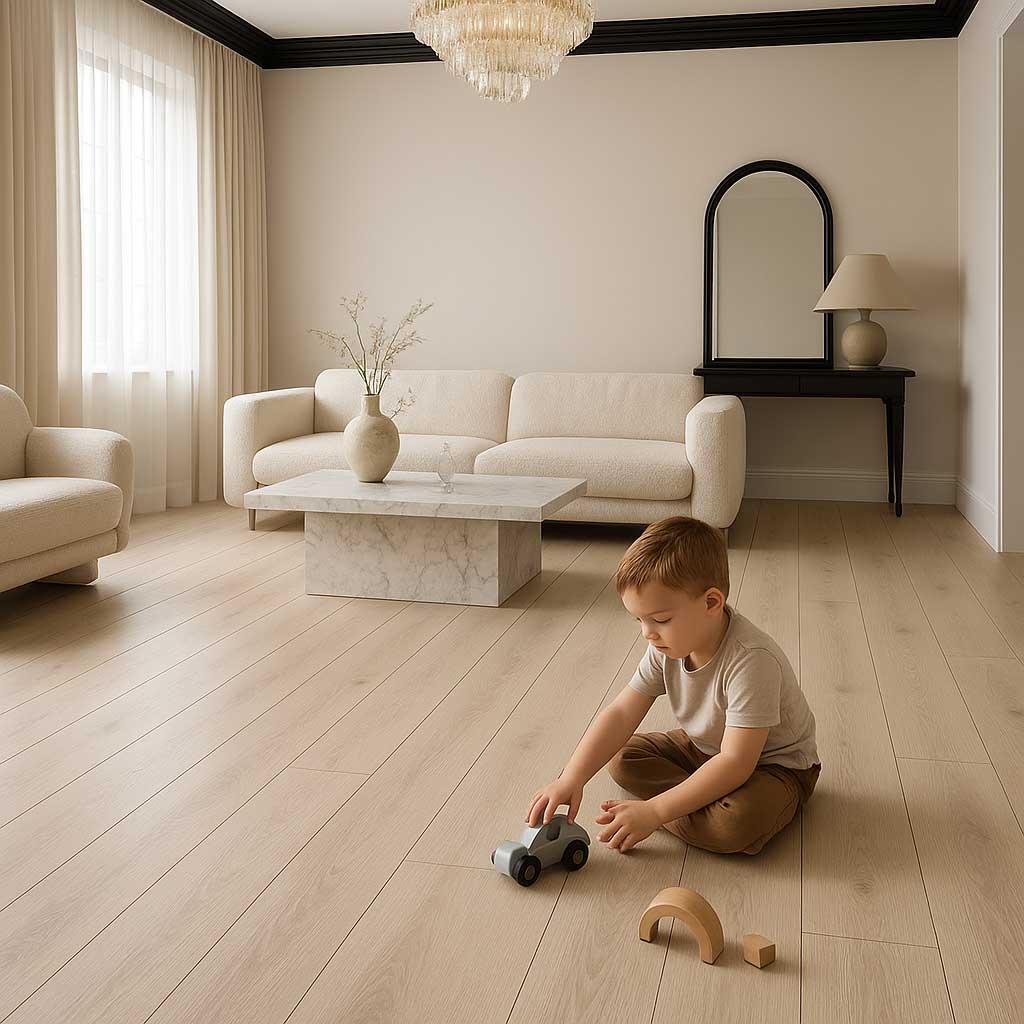 sàn gỗ cốt đen thân thiện với trẻ nhỏ